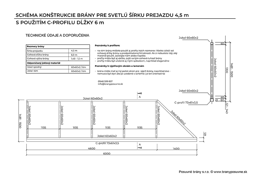 Orientačná schéma konštrukcie samonosnej posuvnej brány do šírky prejazdu 4,5 metra